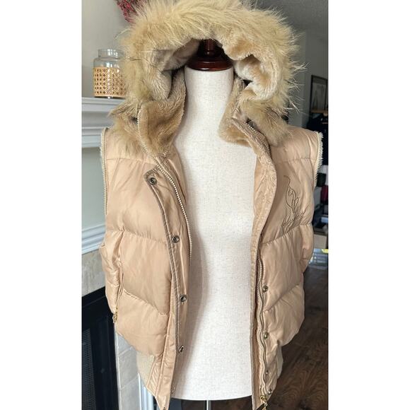 Vintage Y2K Baby Phat Fur Hood Goose Down Vest M Gold Logo Streetwear 2000s - Picture 1 of 13